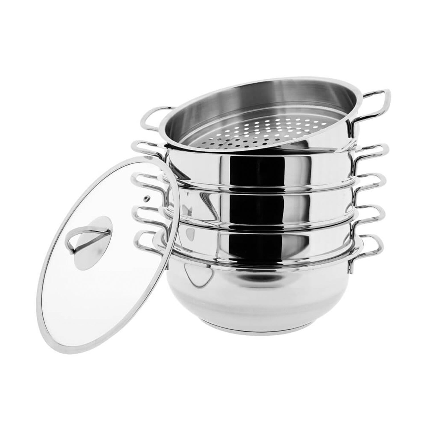 BEM Dampfkocher aus Edelstahl 18/10 mit Glasdeckel, Induktion geeignet 6-tlg. 30 cm