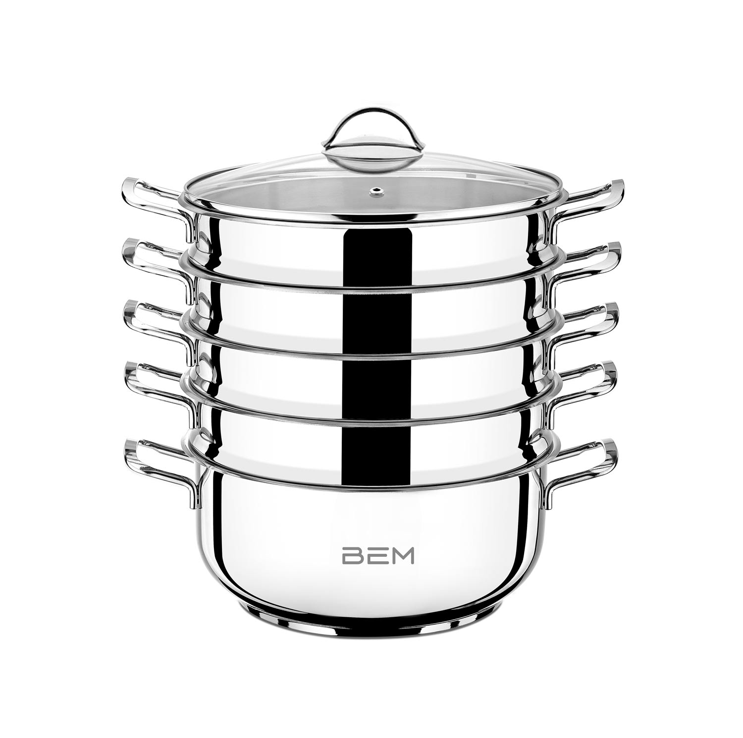 BEM Dampfkocher aus Edelstahl 18/10 mit Glasdeckel, Induktion geeignet 6-tlg. 30 cm