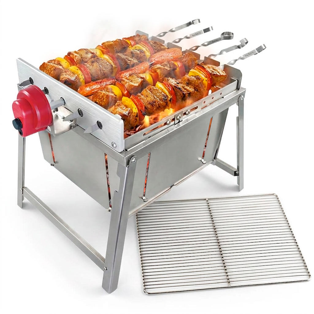RAMBO ToGo stainless steel shashlik grill with motor, portable and compact