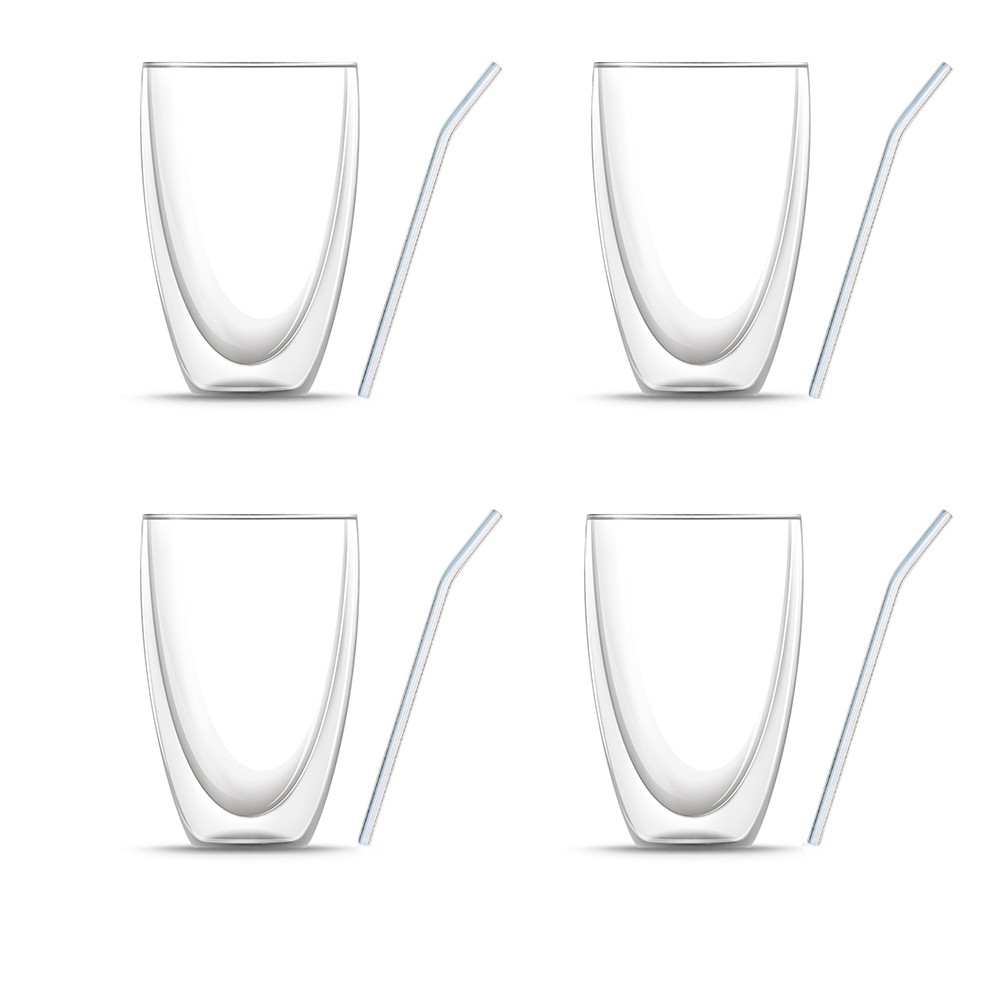 8-er Set: Vier Doppelwandige Latte Macchiato Gläser (je 440 ml) & vier Glasstrohhalme