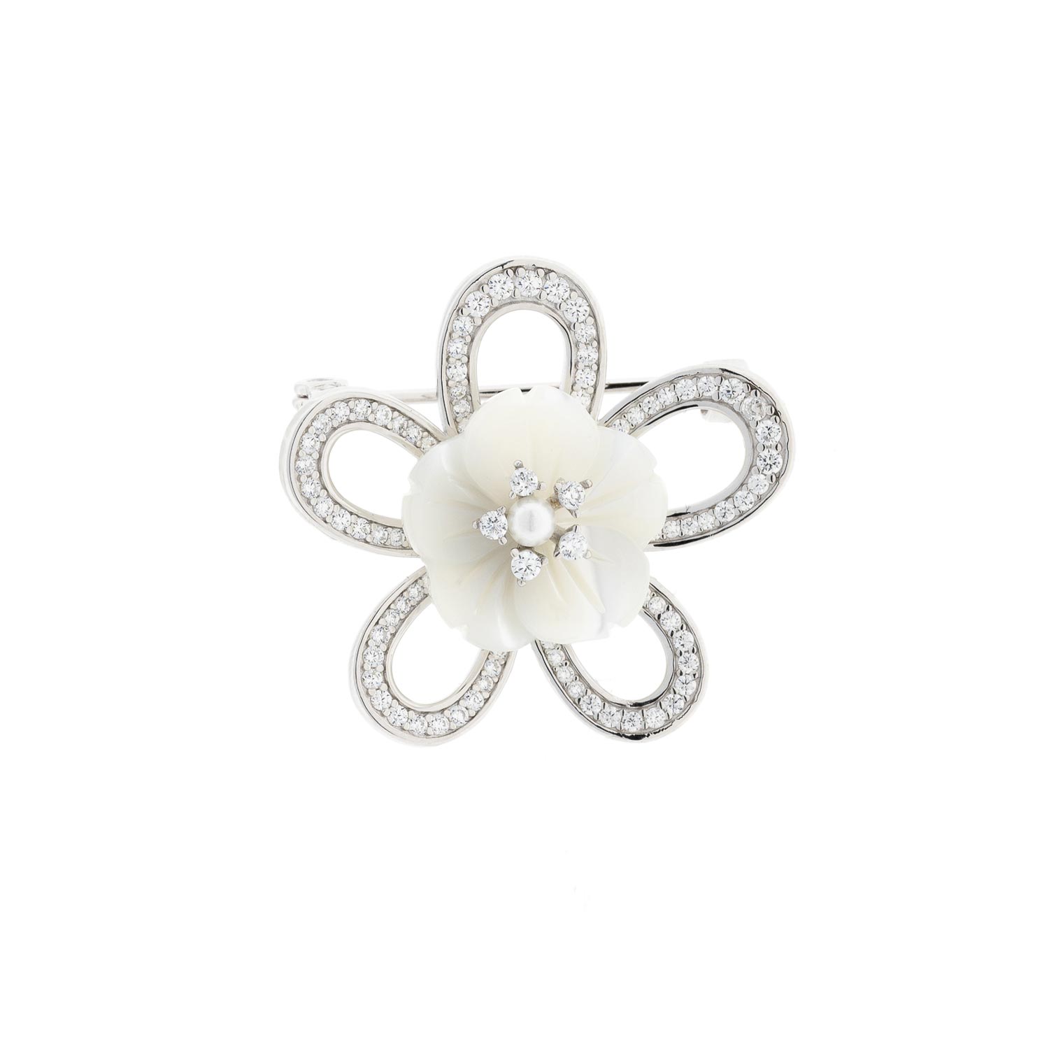 Elegant flower brooch in 925 silver with zirconia, pearl and mother-of-pearl