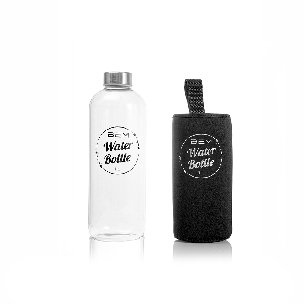 BEM Water Bottle - Trinkflasche mit Edelstahldeckel und schwarzer Hülle