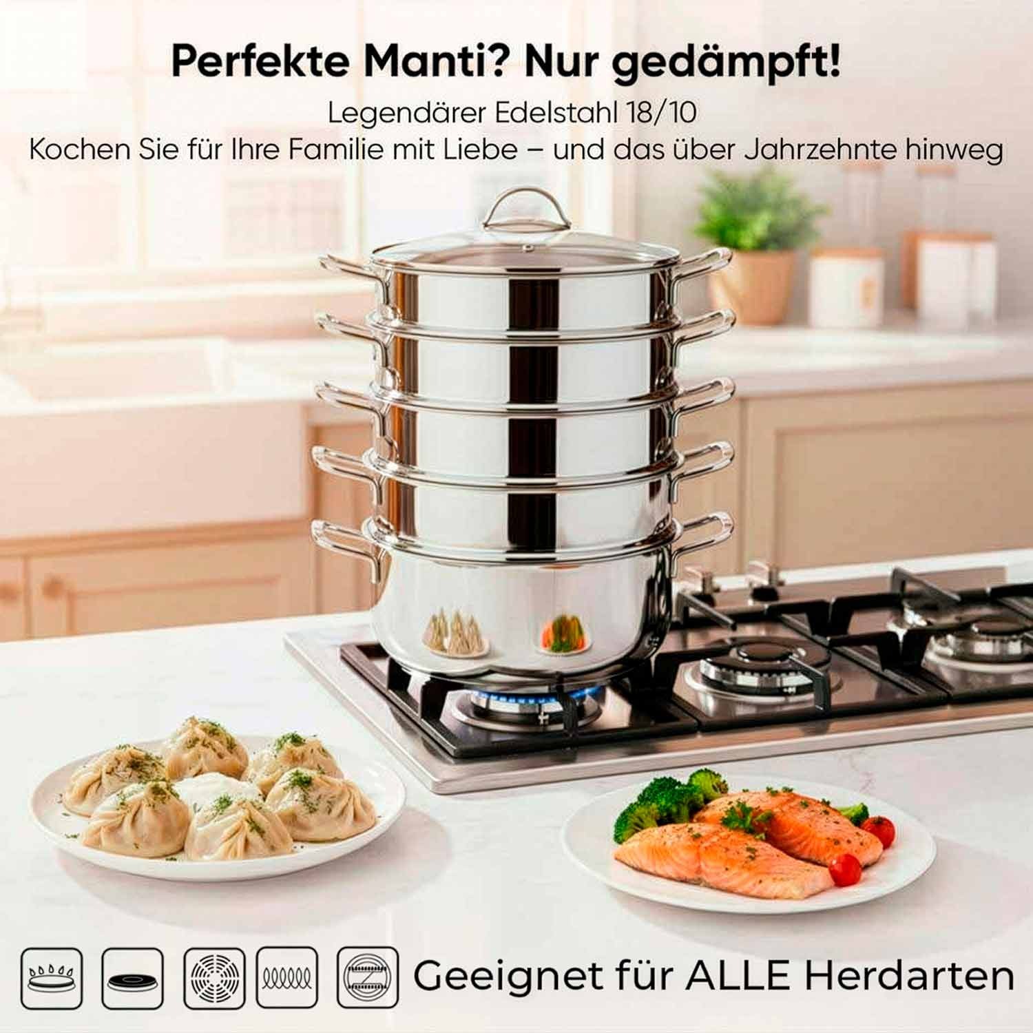 BEM stainless steel 18/10 steamer with Glass lid, 6-piece, 26 cm