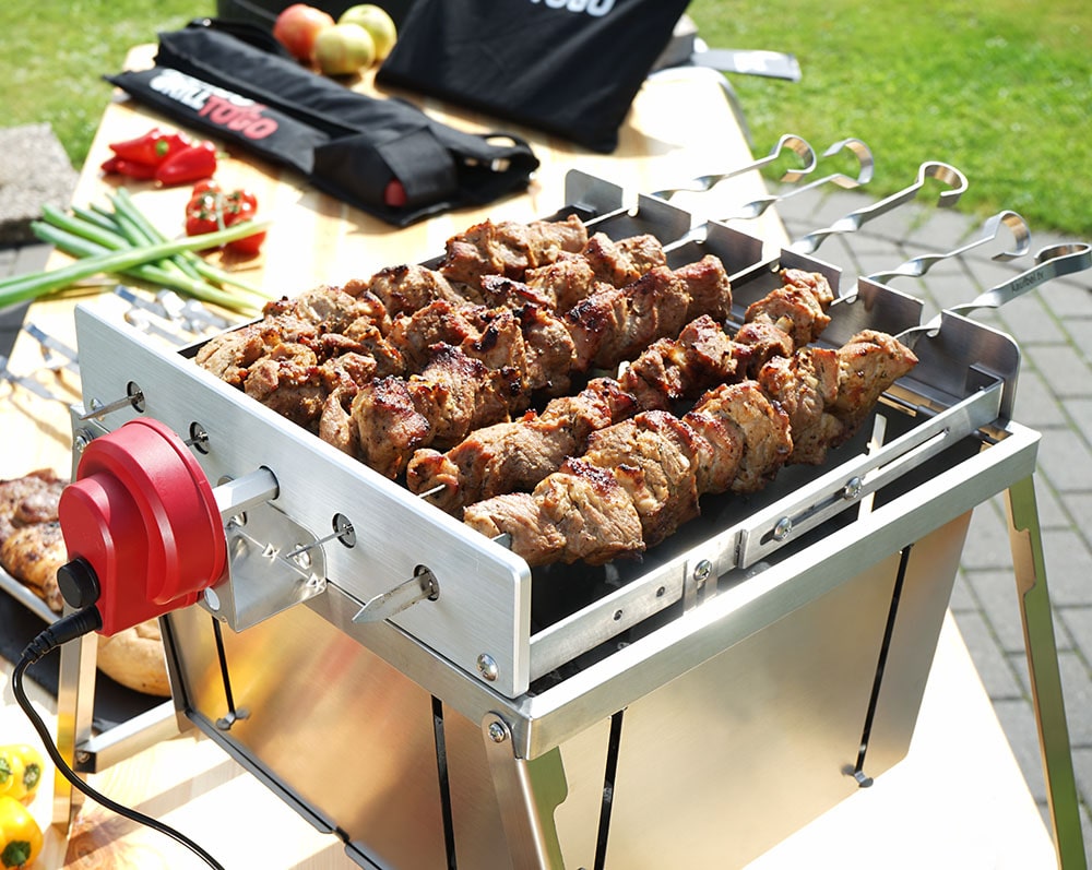 RAMBO ToGo stainless steel shashlik grill with motor, portable and compact