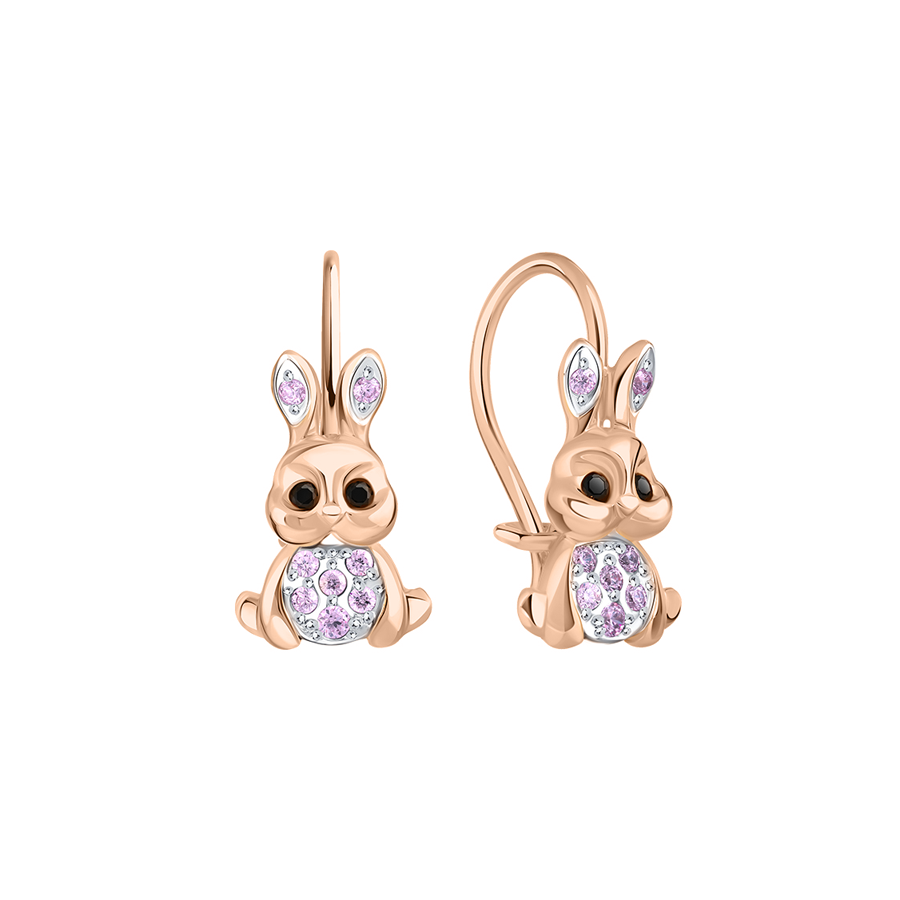 Beautiful children's earrings, Russian red gold 585, with 4 black and 16 pink cubic zirconia, height about 16 mm