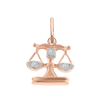 Pretty pendant Zodiac sign - Libra, 24.09-23.10, red gold 585, with 3 zirconia, height approx. 22 mm