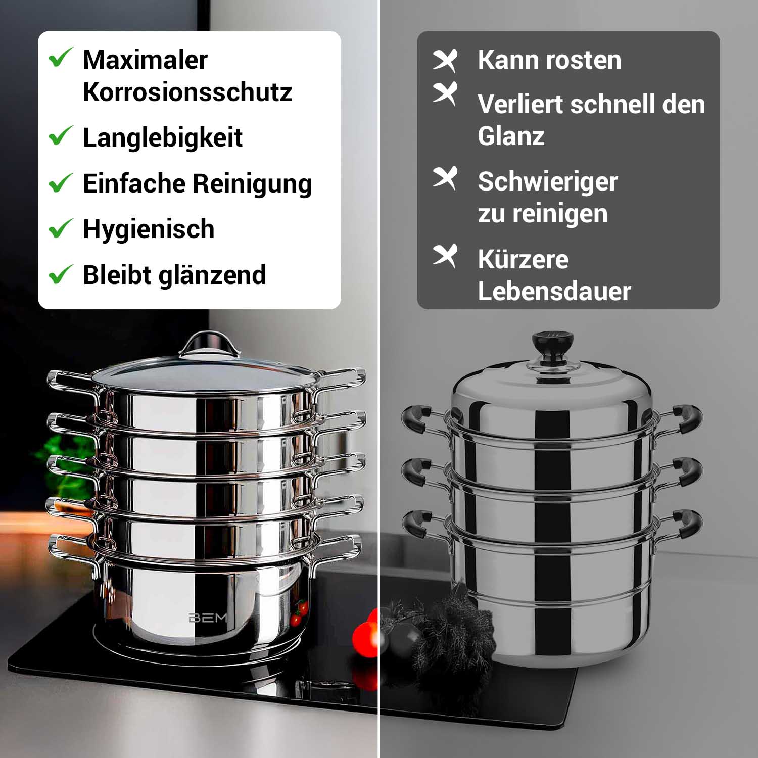 BEM stainless steel 18/10 steamer with Glass lid, suitable for induction 6 pcs. 30 cm