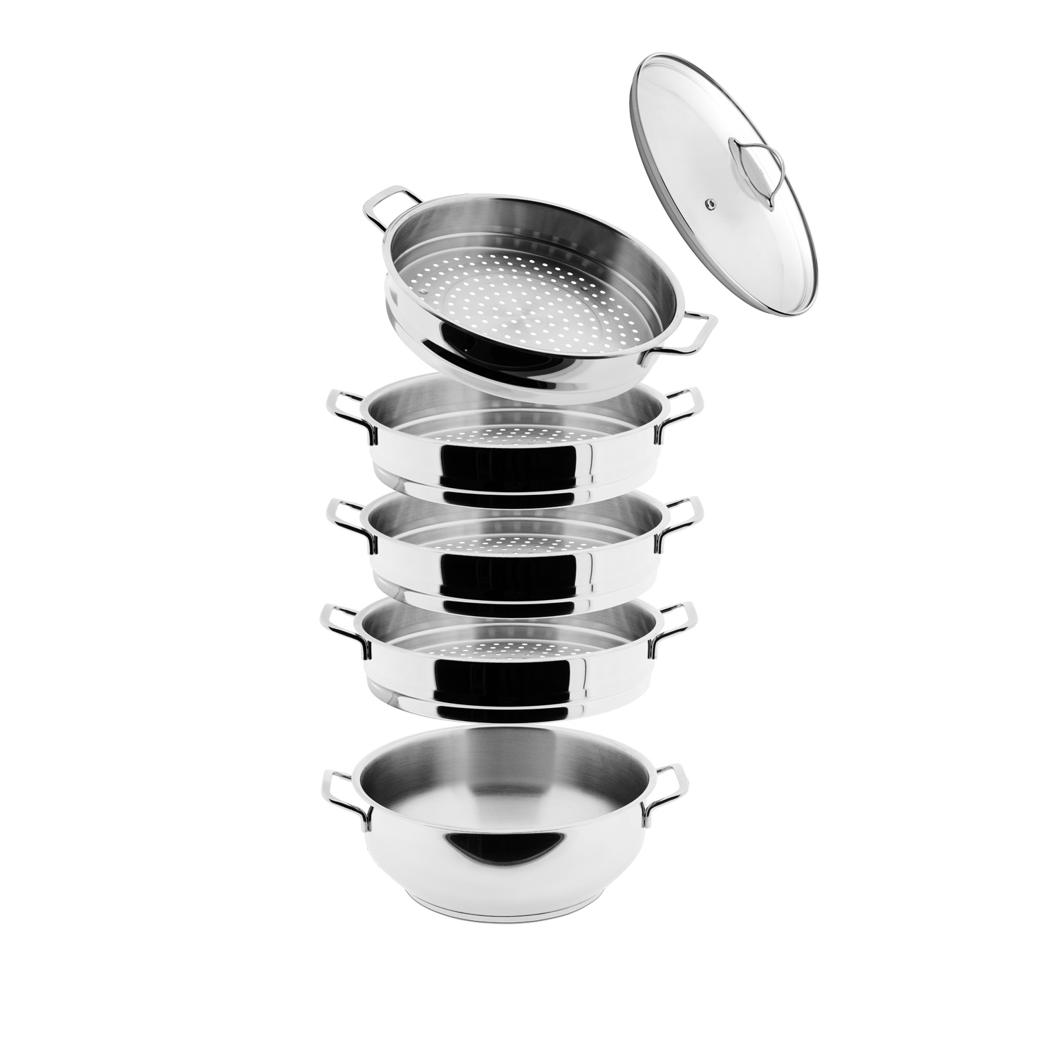 BEM Dampfkocher aus Edelstahl 18/10 mit Glasdeckel, Induktion geeignet 6-tlg., 26 cm