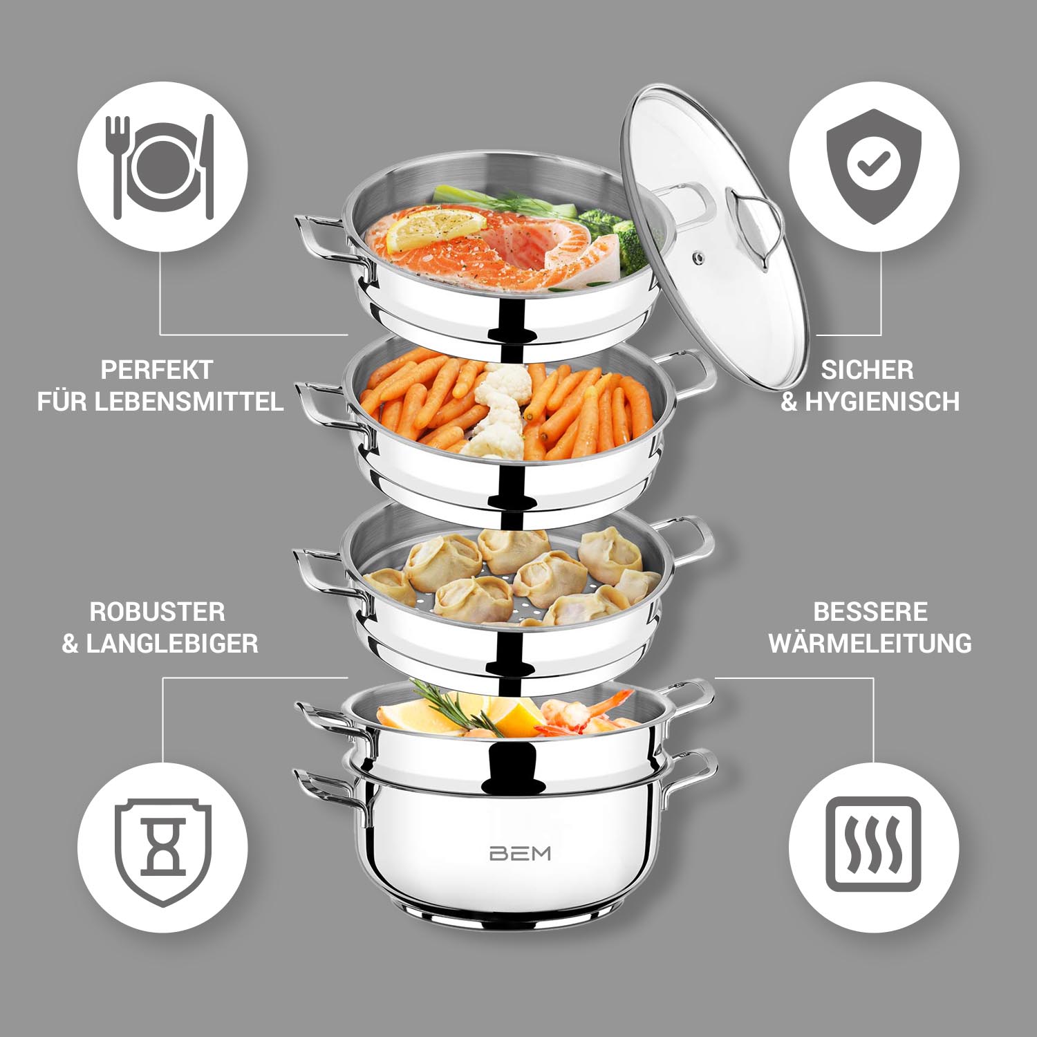 BEM Dampfkocher aus Edelstahl 18/10 mit Glasdeckel, 6-tlg., 28 cm