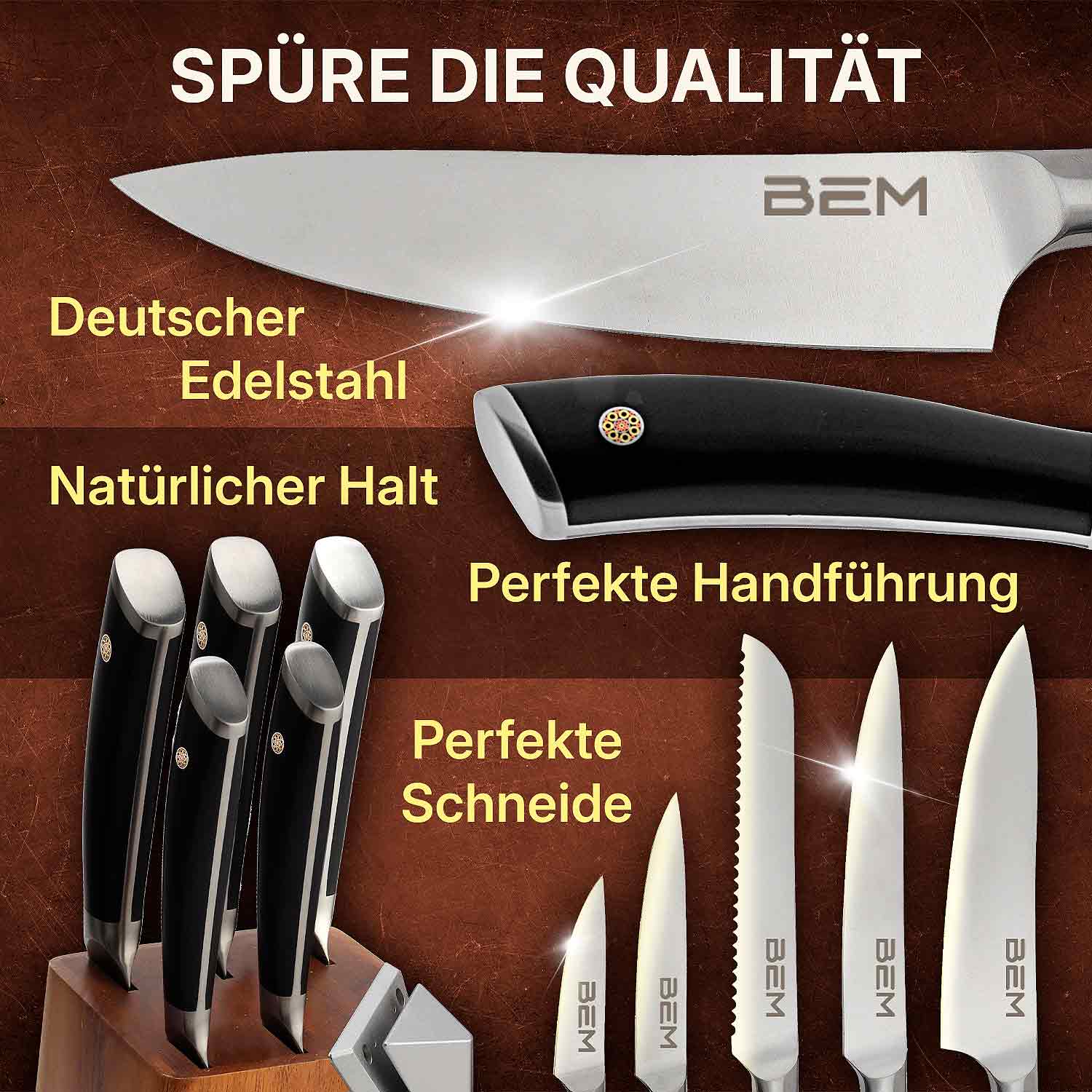 BEM Master Chef - Messer-Set 6-tlg. aus Edelstahl mit Messerblock und integriertem Schärfer