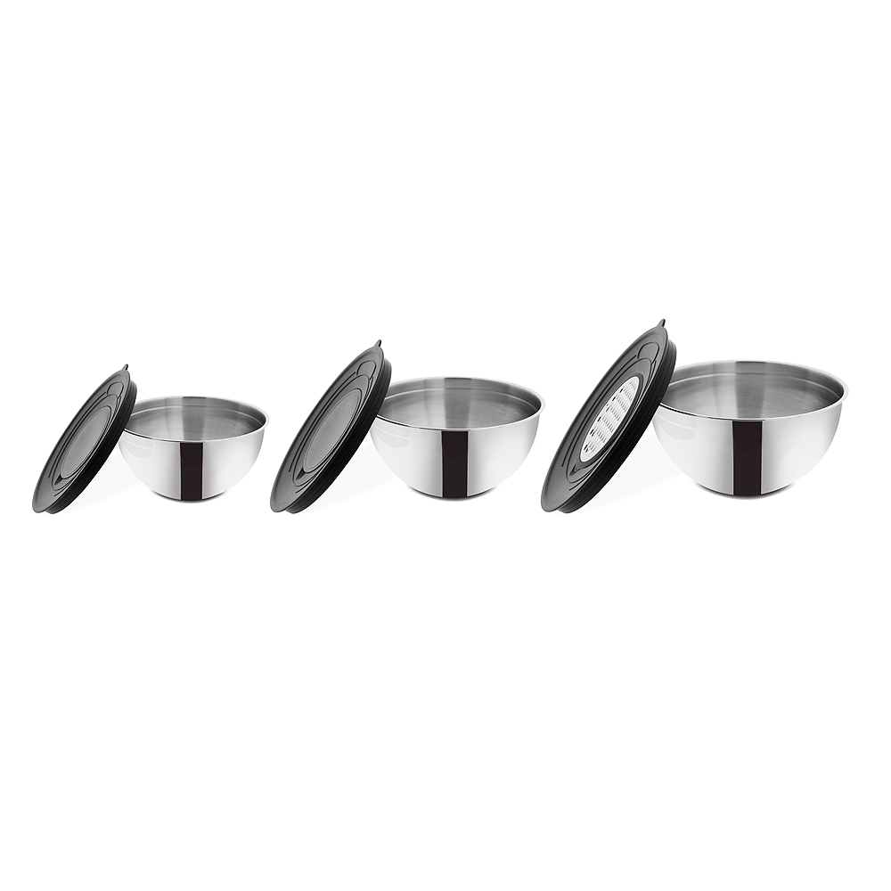 BEM stainless steel bowl set with 2 graters and lid 16 cm, 20 cm and 24 cm