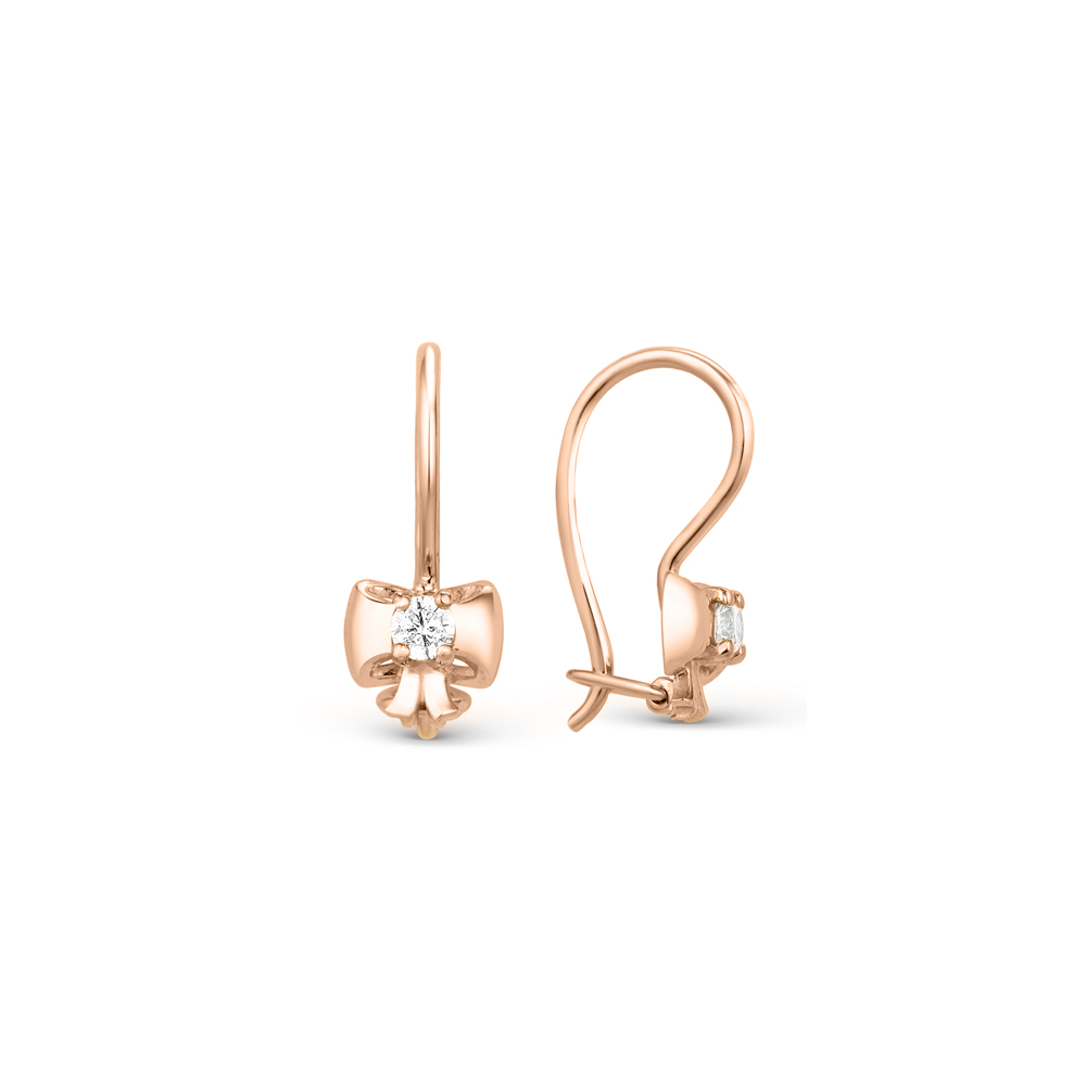 Серьги в форме бантиков из красного золота 585 пробы с фианитом, высотой ≈ 14 мм