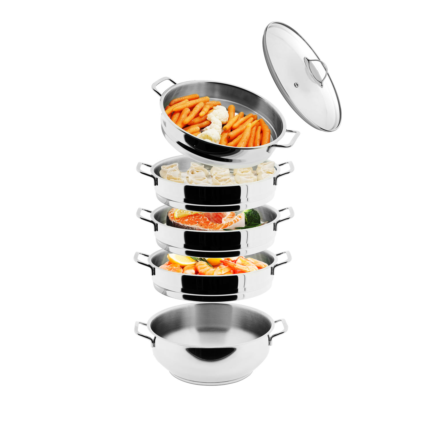 BEM Dampfkocher aus Edelstahl 18/10 mit Glasdeckel, Induktion geeignet 6-tlg., 26 cm