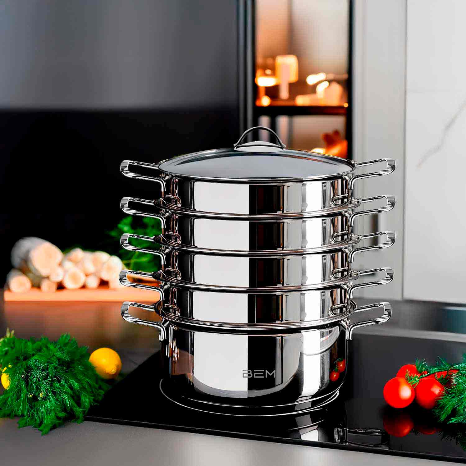 BEM Dampfkocher aus Edelstahl 18/10 mit Glasdeckel, Induktion geeignet 6-tlg., 28 cm