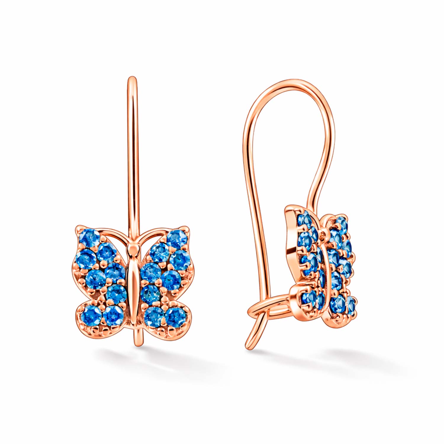 Children's earrings butterfly in 585 rose gold with blue zirconia