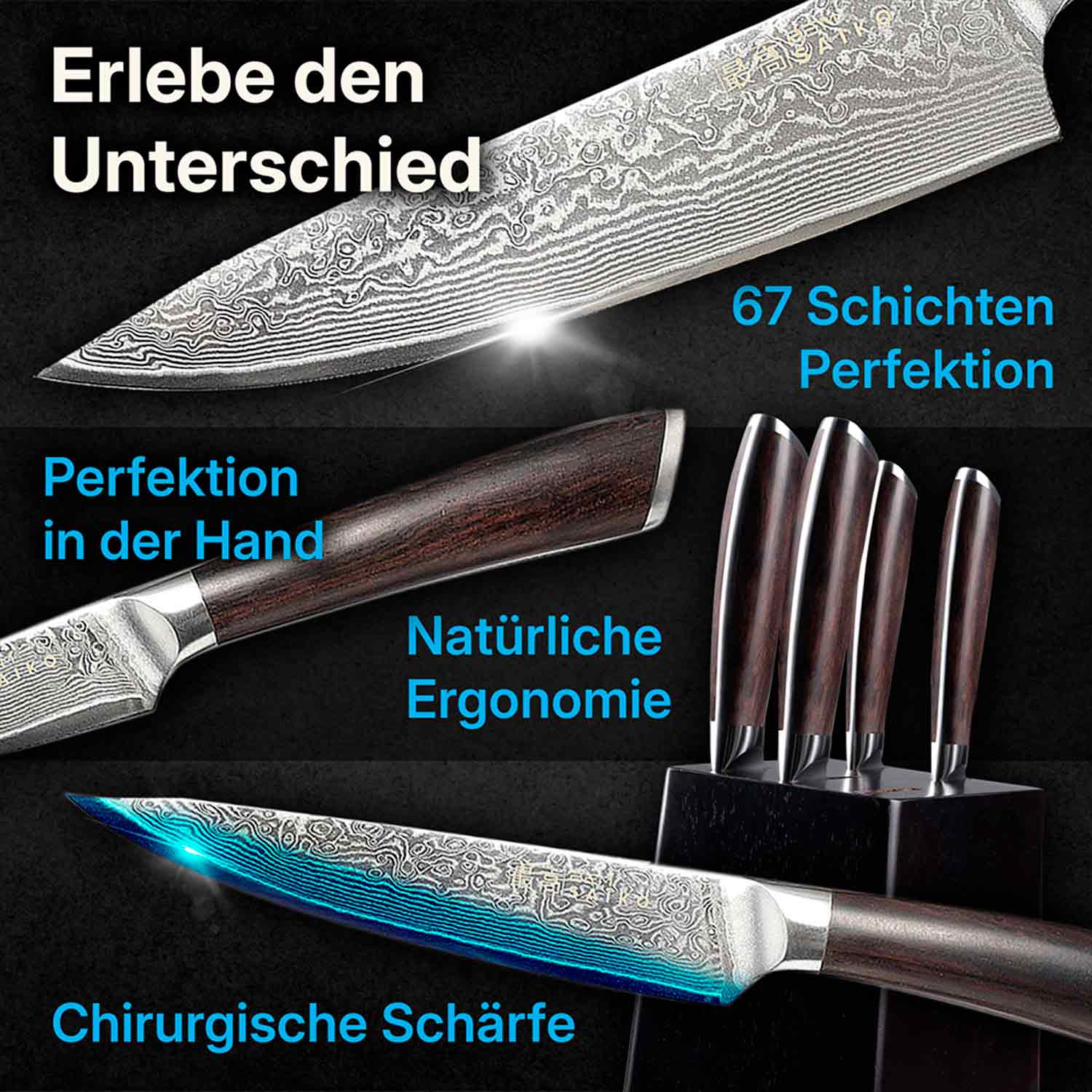 BEM Saiko Damascus knife set 6-pcs. made of VG-10 steel with knife block