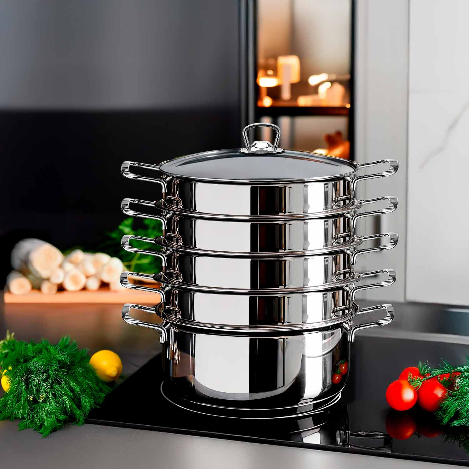 BEM Dampfkocher aus Edelstahl 18/10 mit Glasdeckel, Induktion geeignet 6-tlg., 26 cm