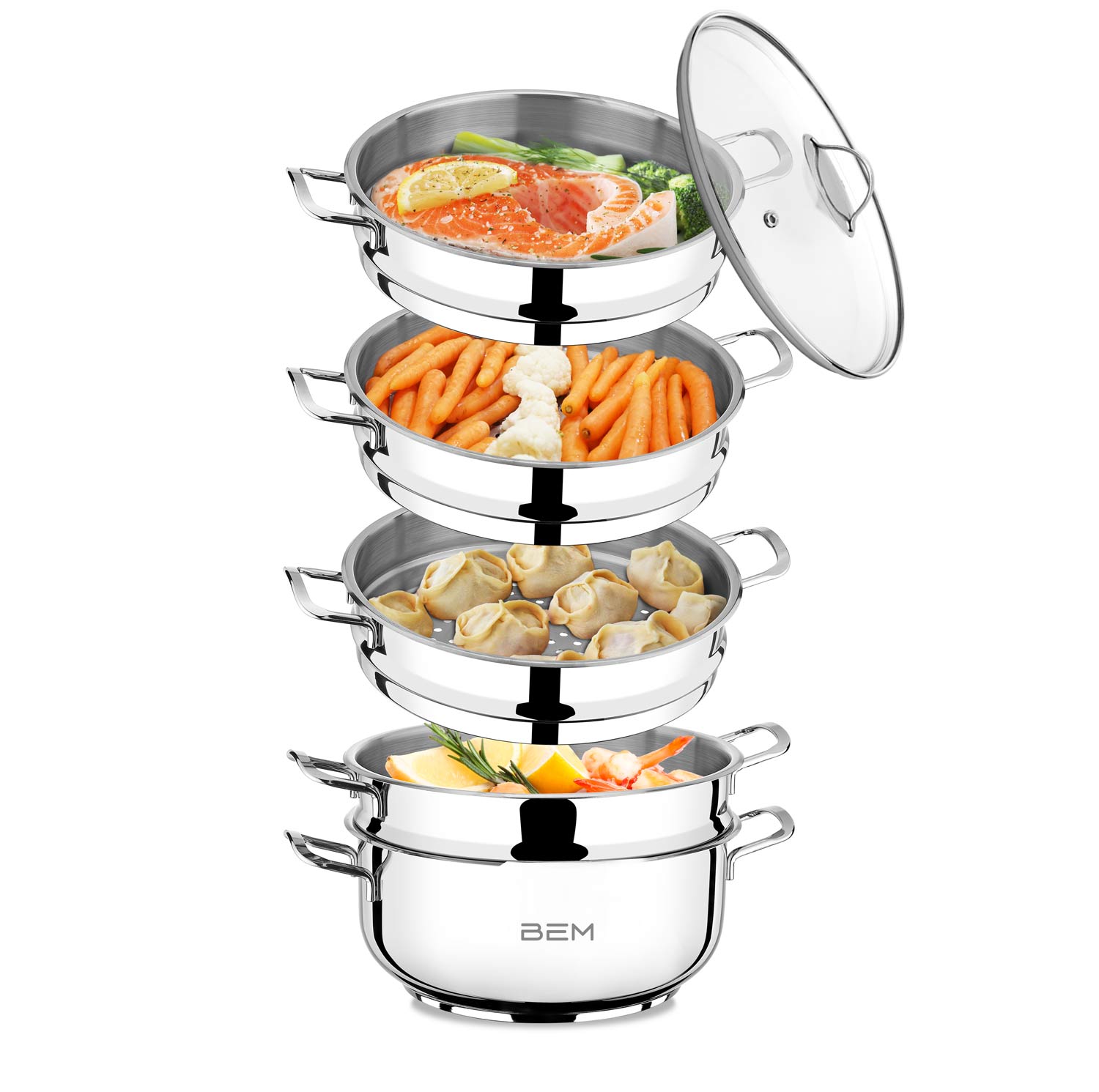 BEM Dampfkocher aus Edelstahl 18/10 mit Glasdeckel, Induktion geeignet 6-tlg., 28 cm