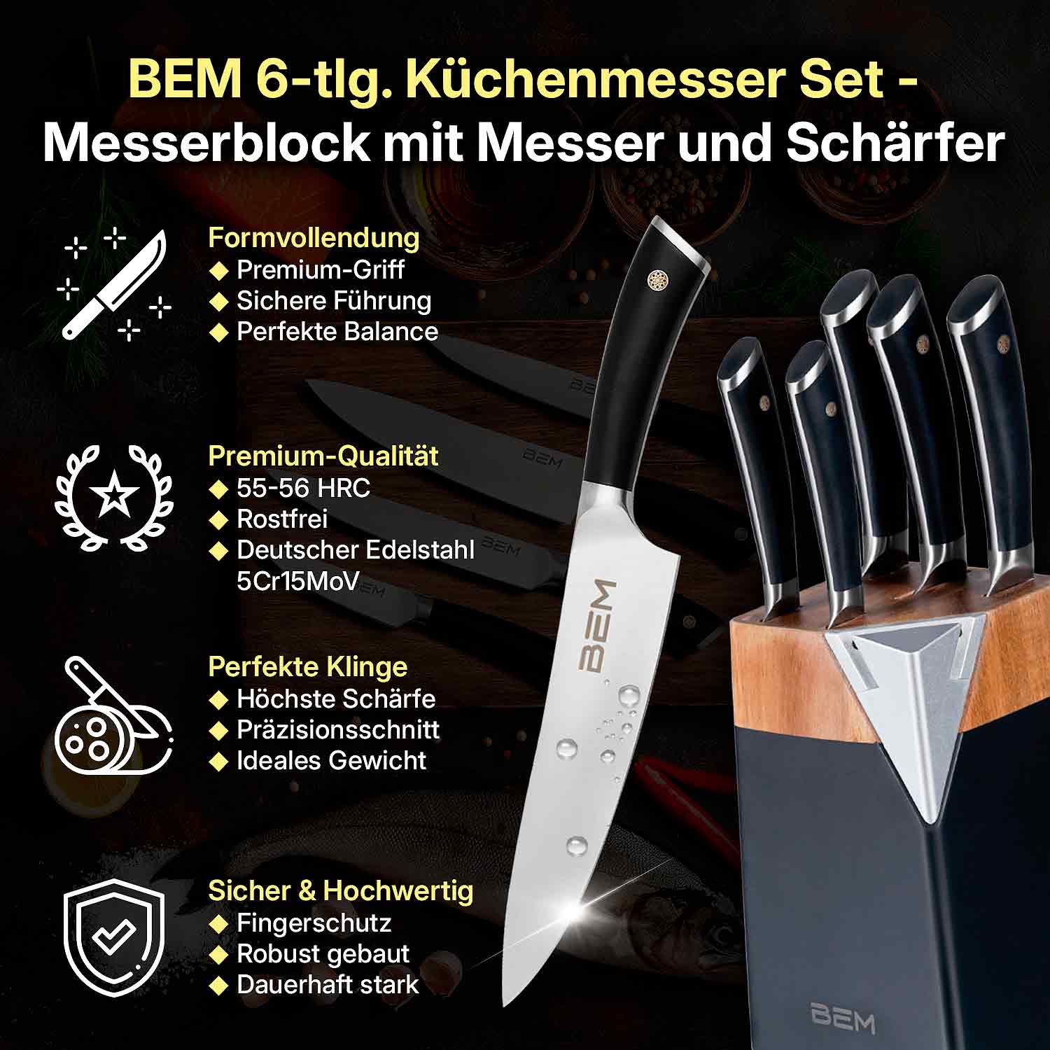 BEM Master Chef - Messer-Set 6-tlg. aus Edelstahl mit Messerblock und integriertem Schärfer